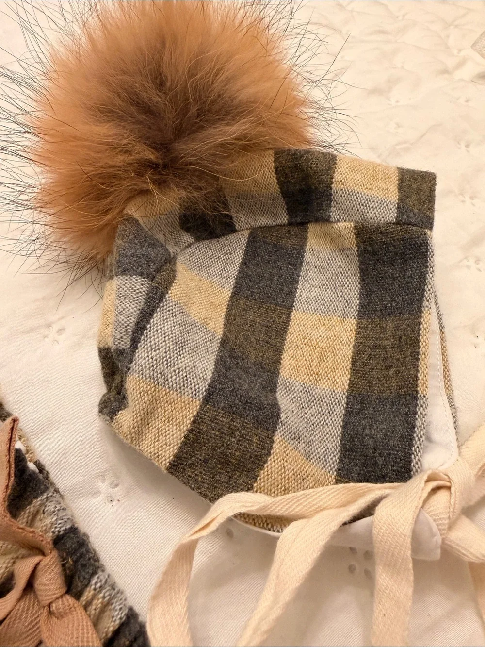 Cozy Plaid Baby Bonnet & Bloomers Set in Brown & Gray